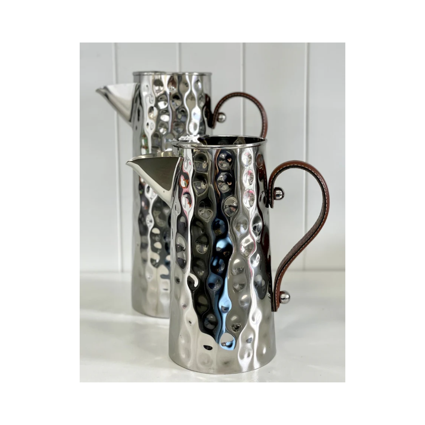 Giftware - Large Bolt Hammered Jug | Leather Handles | Silver | PICK-UP INSTORE ONLY