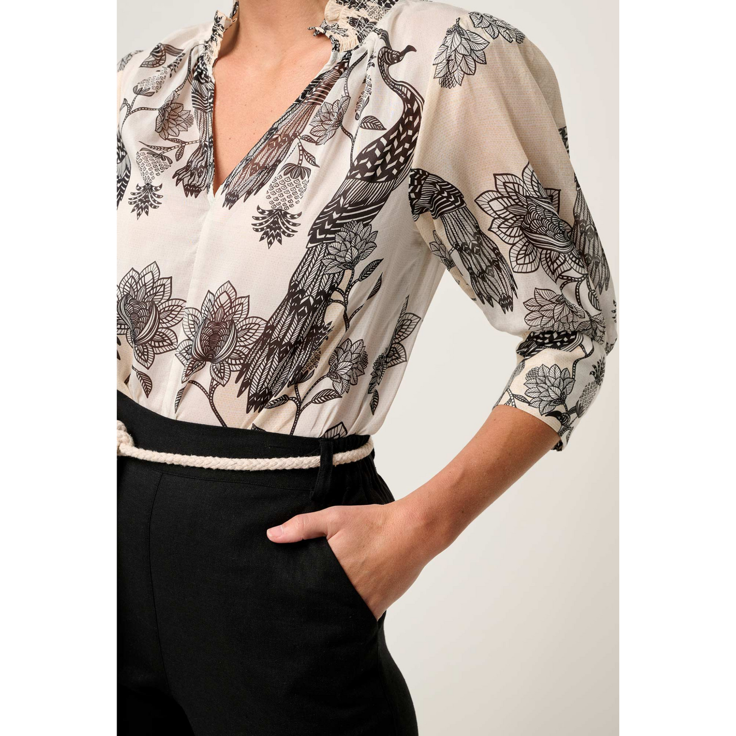 Once Was - Oleander Cotton Silk Shirred Collar Blouse | Imperial Stone