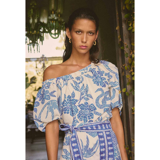 Once Was - Juno One Shoulder Top | Azure Mosaic