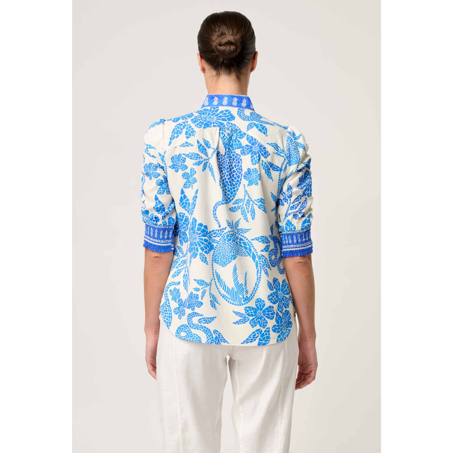 Once Was - Calantha Dobby Rouched Sleeve Shirt | Azure Mosaic