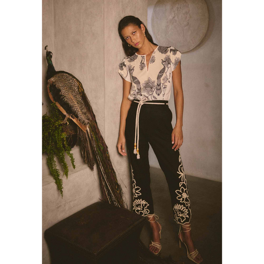 Once Was - Helm Embroidered Linen Straight Leg Pant | Black