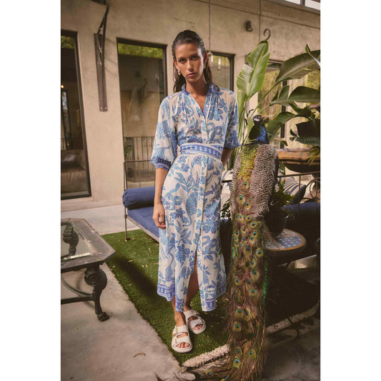 Once Was - Carmen Silk Cotton Maxi Dress | Azure Mosaic