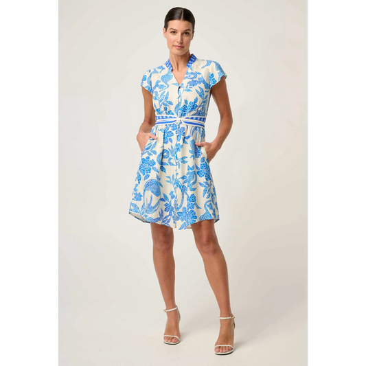 Once Was - Adriana Linen Embroidered Yoke Dress | Azure Mosaic