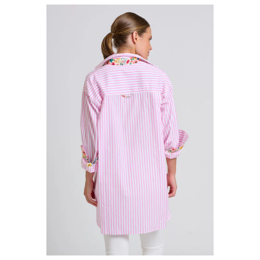 Shirty - The Boyfriend Shirt | White & Pink Stripe/Floral Trim