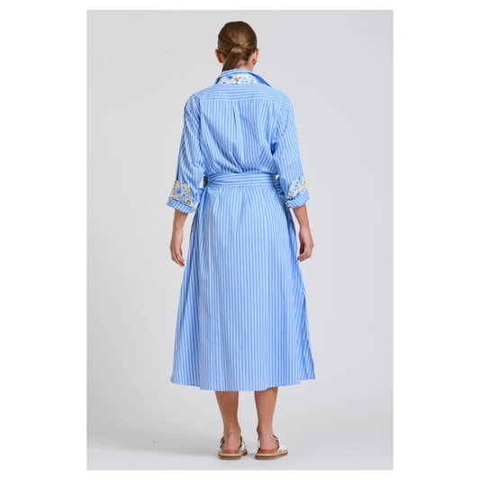 Shirty - The Luna Oversized Long Line Shirt Dress | Blue Stripe/ Floral Trim