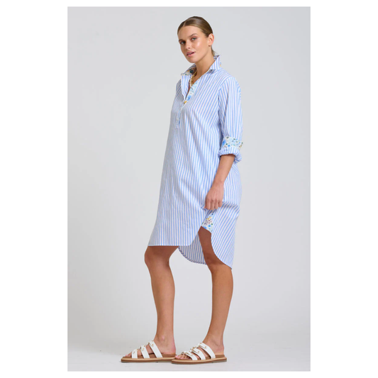 Shirty - The Popover Shirtdress - White with Blue Stripe/Floral Trim