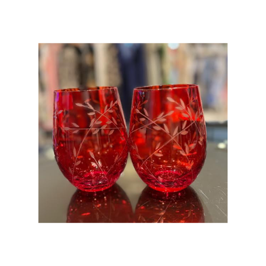 Giftware - Stemless Floral Red Glasses | Set/2 | PICK-UP INSTORE ONLY