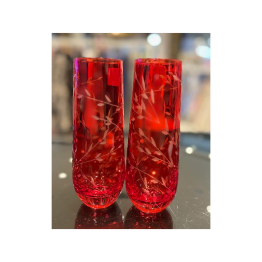 Giftware - Stemless Flute Floral Red Glasses | Set/2 | PICK-UP INSTORE ONLY