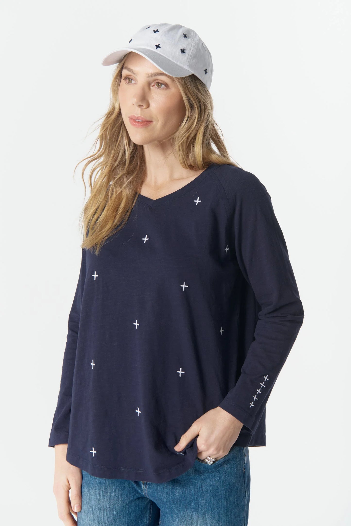Cloth+Paper+Scissors - Queen Cross Long Sleeve Tee | Parisian Navy/White