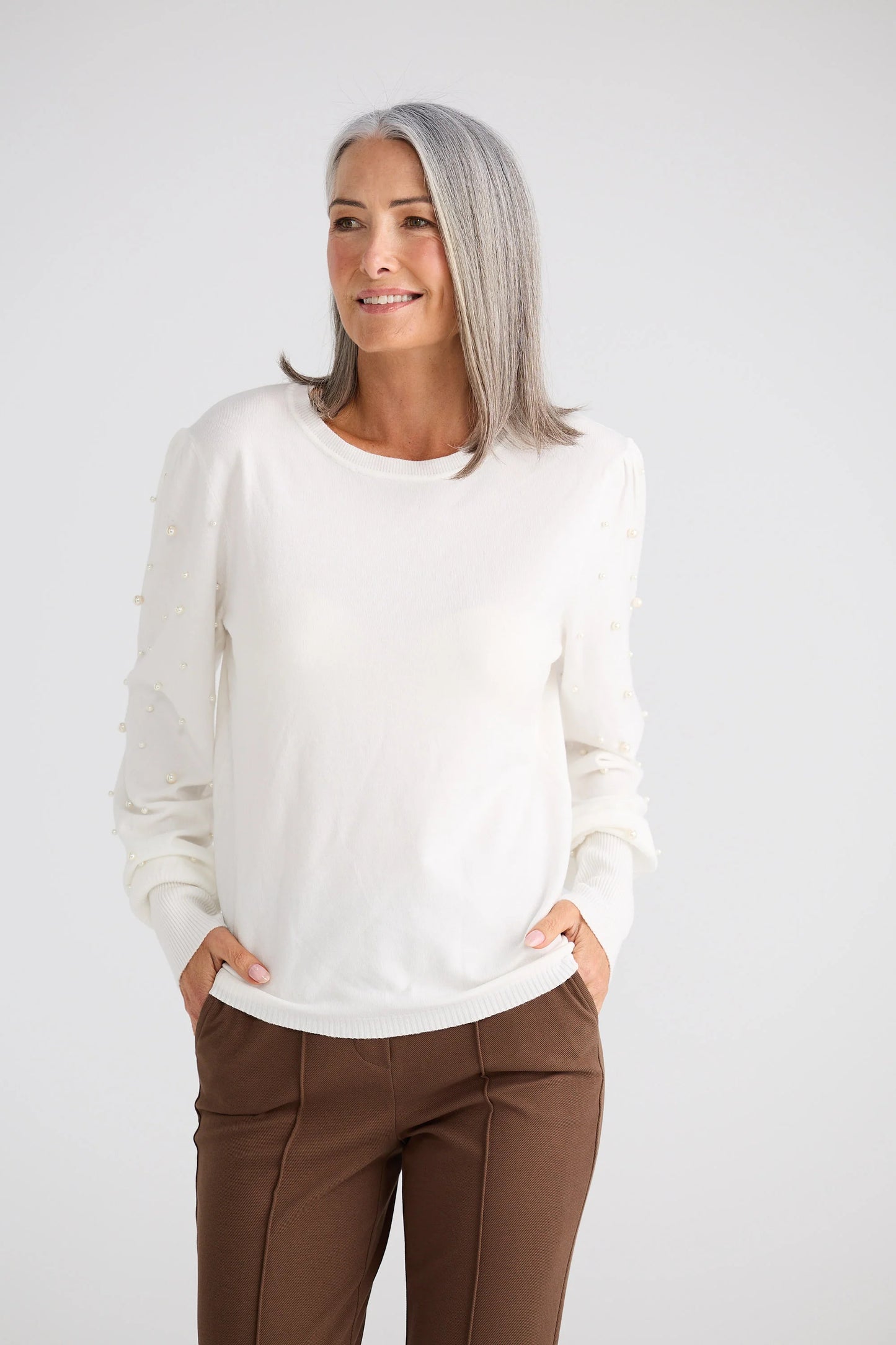 Dominica Ivory knit with Pearl sleeve detail.