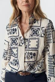 Goondiwindi Cotton - Heidi wattle fringe Embroidered Frill Shirt | White/Navy