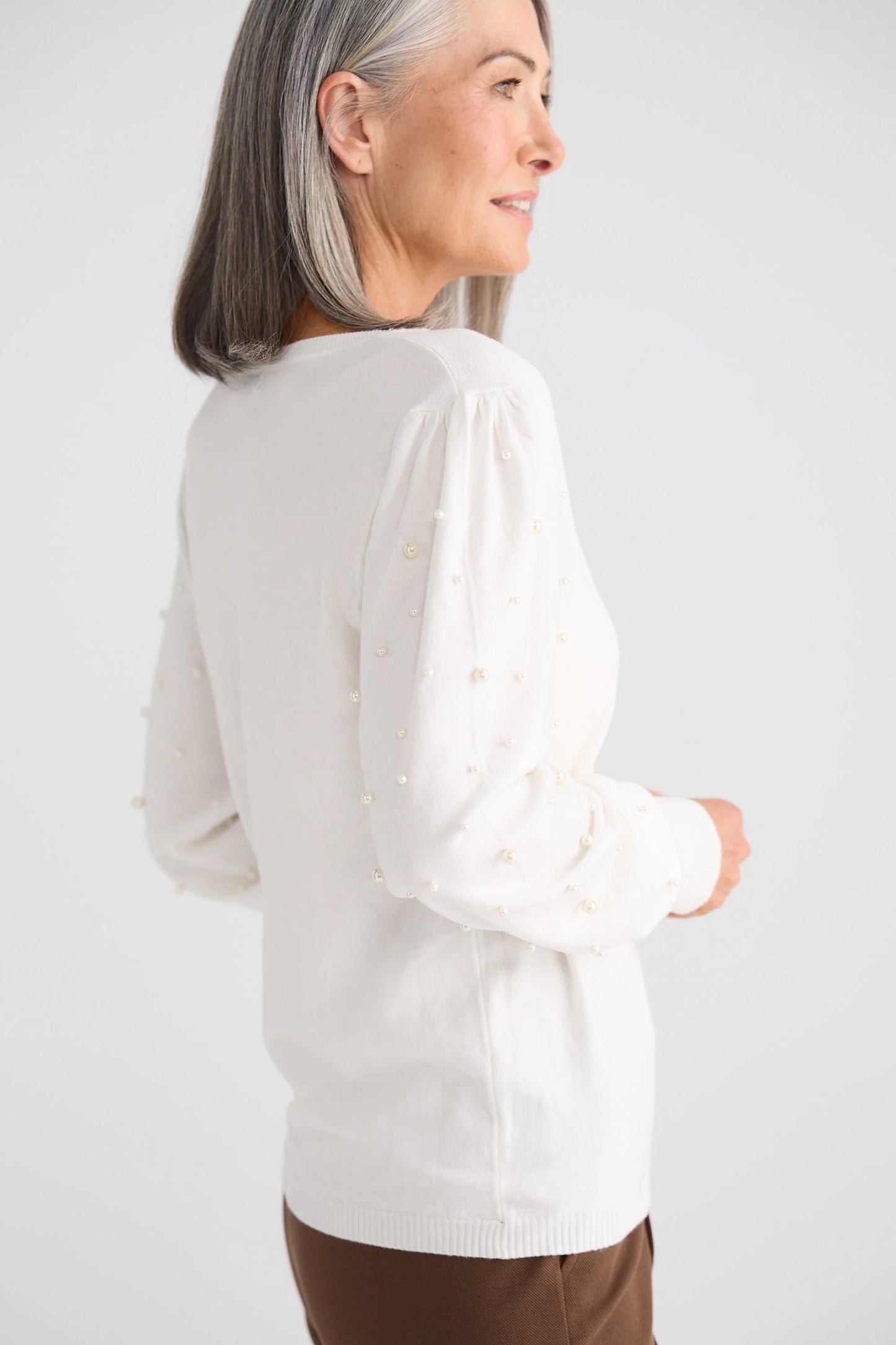 Dominica Ivory knit with Pearl sleeve detail.