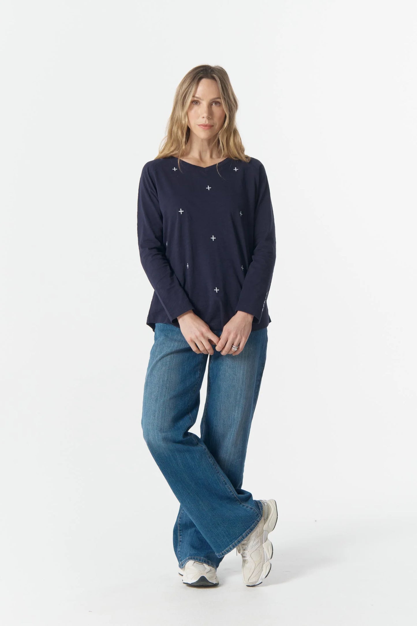 Cloth+Paper+Scissors - Queen Cross Long Sleeve Tee | Parisian Navy/White