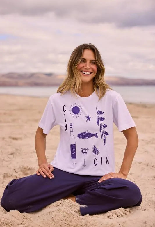 Cin Cin T-Shirt | White/Navy | Holiday | Sale No Return