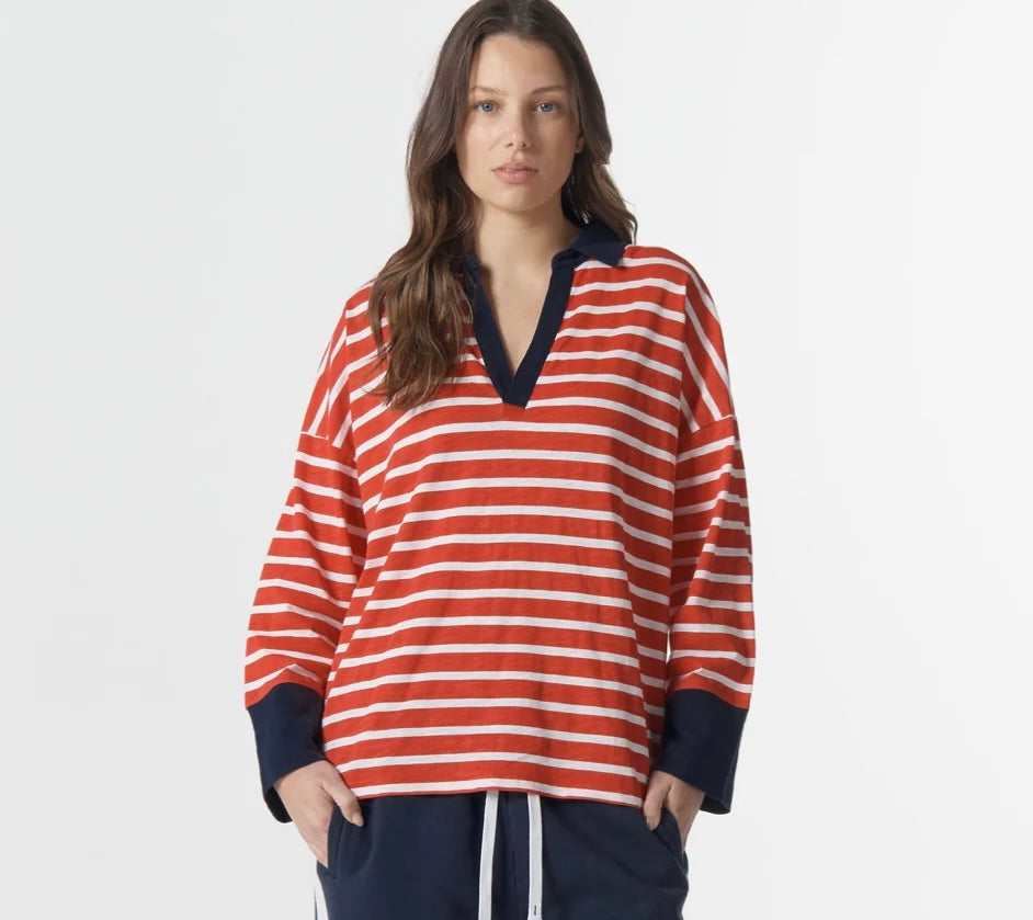 Cloth+Paper+Scissors - Breezy Stripe Polo Top | Red