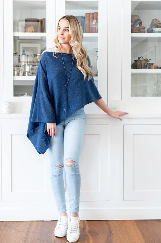 Classic Travel Poncho - Denim | 100% Cashmere