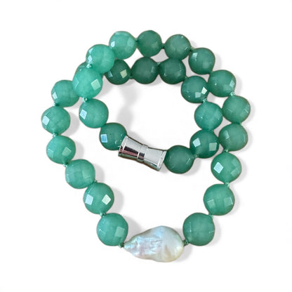 Jewellery - Necklace Ursula 12mm Faceted Jade with XL Freshwater Pearl