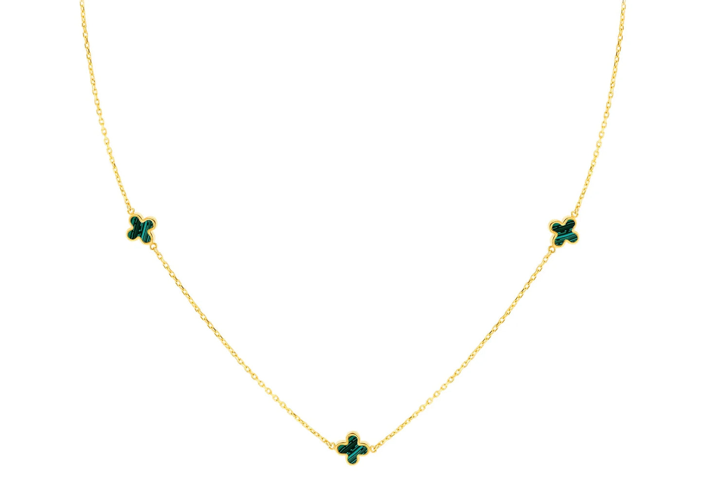 Jewellery 9k - Necklace Oria Malachite 3 Clover Leaf 9k yellow 45cm chain