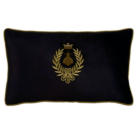 Bee Crown & Wreath Black Velvet Cushion | Rectangle | PICK-UP INSTORE ONLY