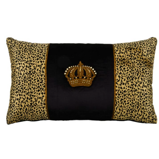 Crown on Black & Leopard Velvet Cushion | Rectangle | PICK-UP INSTORE ONLY