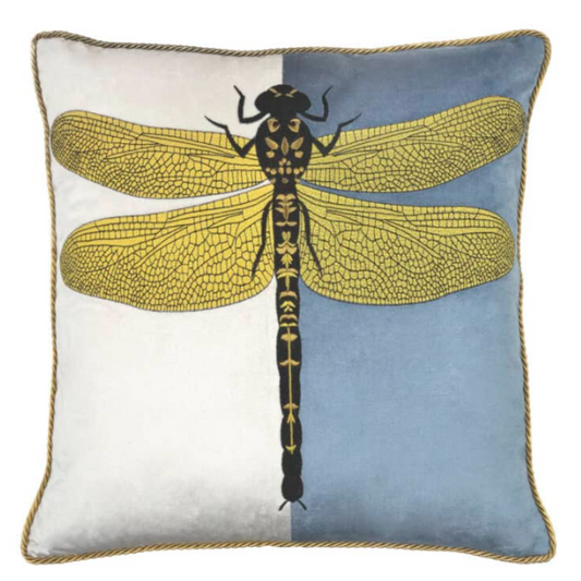 Dragonfly on Blue & Ivory Velvet Cushion | Square | PICK-UP INSTORE ONLY