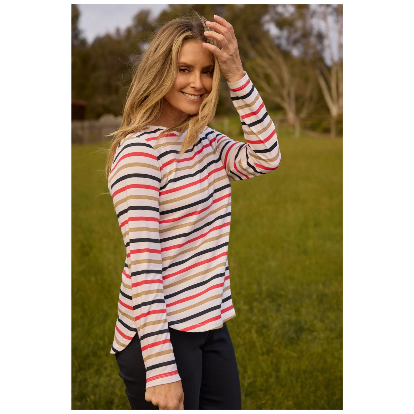 Goondiwindi Cotton - Rover Long Sleeve Stripe Top | Poinsettia Multi Stripe