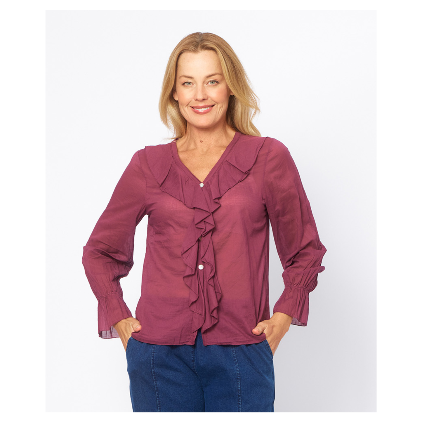 Aosta Burgundy Frill Neck Top | 100% Cotton