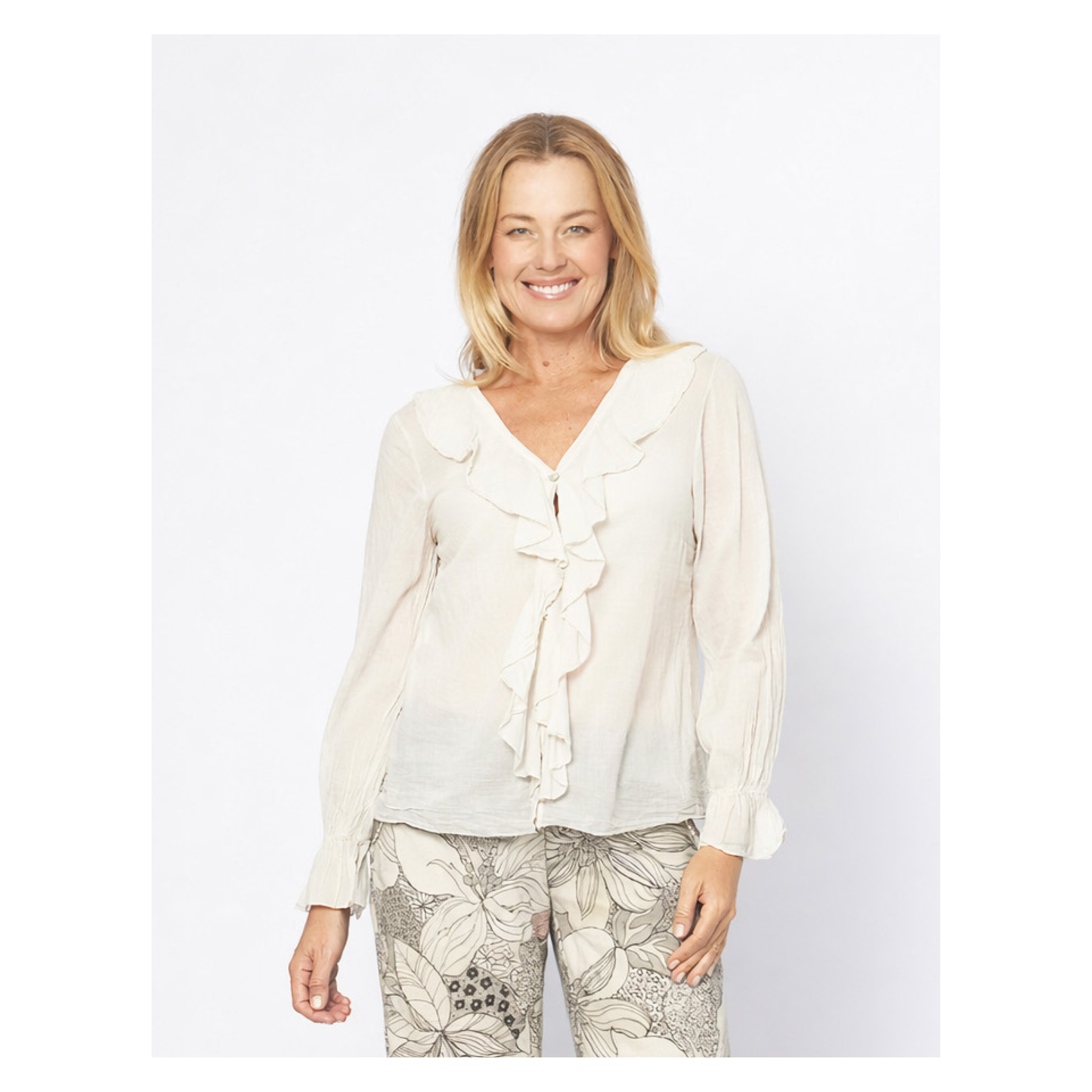 Aosta Beige Frill Neck Top | 100% Cotton
