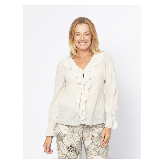 Aosta Beige Frill Neck Top | 100% Cotton