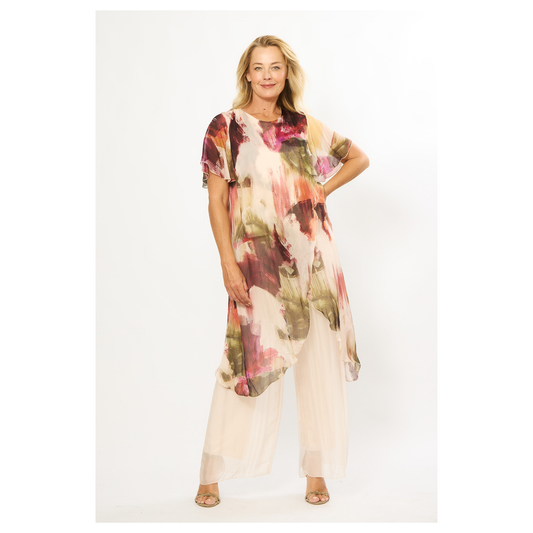 Matino Long Overlay Top | Beige/Wine
