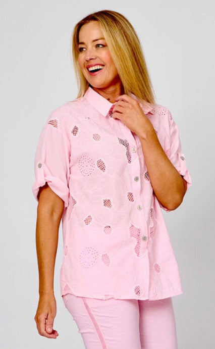 La Strada - Iris Cotton Mesh Embroidered Shirt | Candy Pink