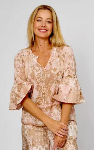 La Strada - Naples Puff Sleeve Blouse | Beige/Pink