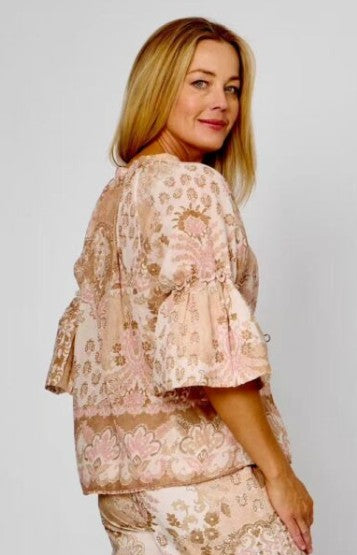 La Strada - Naples Puff Sleeve Blouse | Beige/Pink