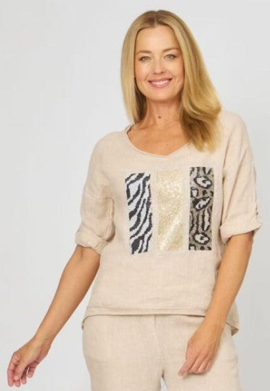 La Strada - Arizona Linen Bling Patch Top | Beige