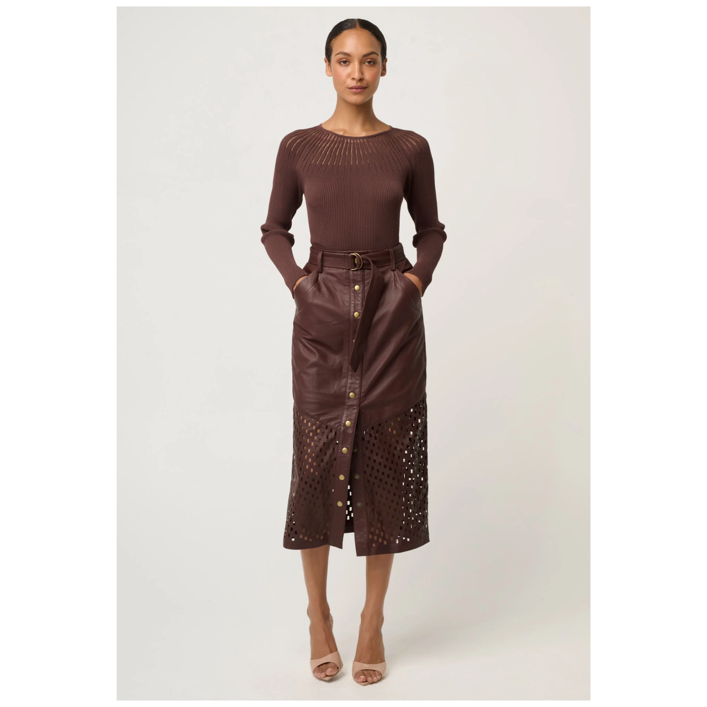 Once Was - Hypnotic Leather Midi Skirt | Ox Blood