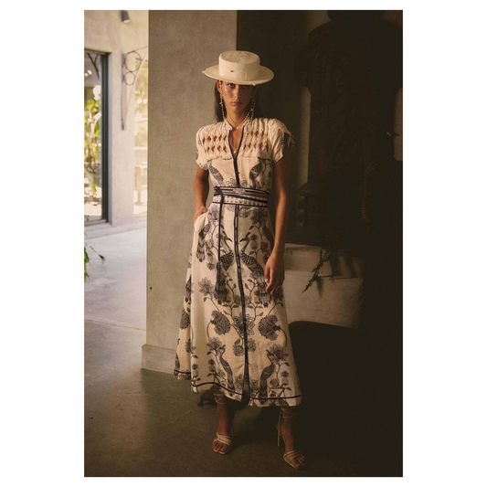 Once Was - Xanthia Diamond Smock Yoke Linen Dress | Imperial Stone