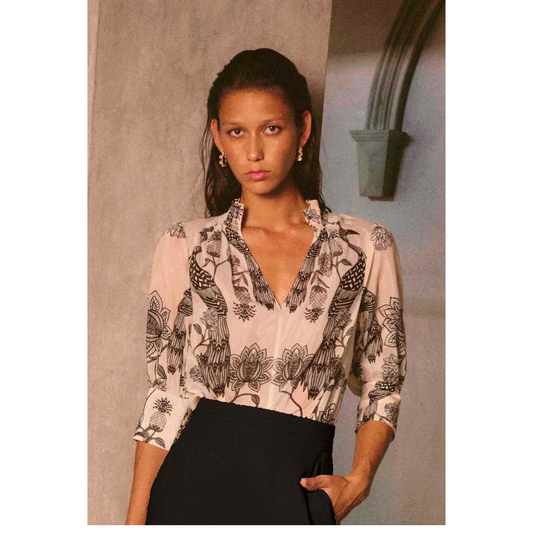 Once Was - Oleander Cotton Silk Shirred Collar Blouse | Imperial Stone