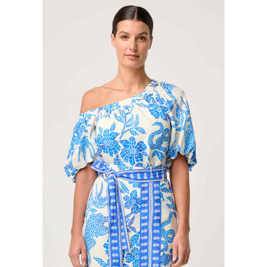 Once Was - Juno One Shoulder Top | Azure Mosaic