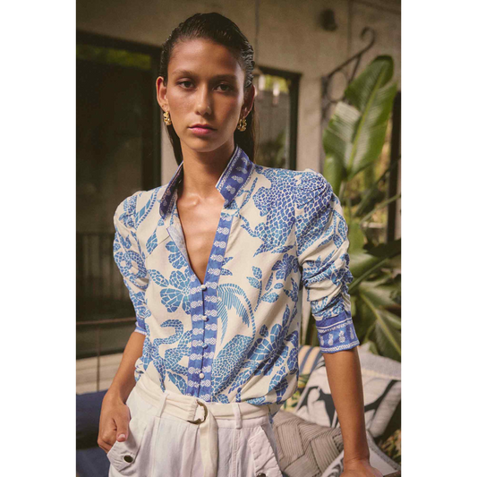 Once Was - Calantha Dobby Rouched Sleeve Shirt | Azure Mosaic