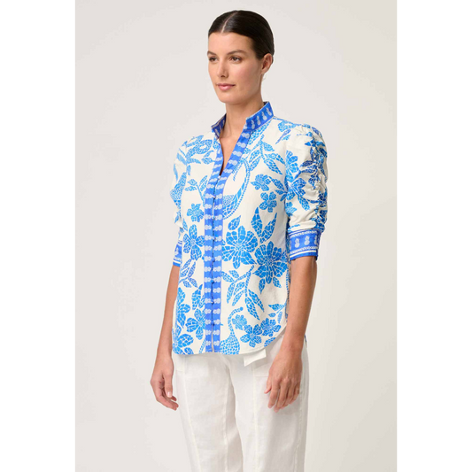 Once Was - Calantha Dobby Rouched Sleeve Shirt | Azure Mosaic