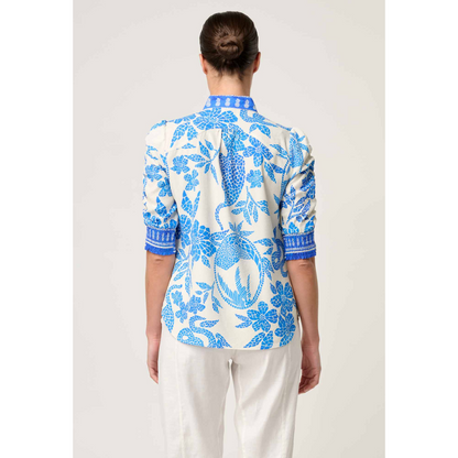 Once Was - Calantha Dobby Rouched Sleeve Shirt | Azure Mosaic