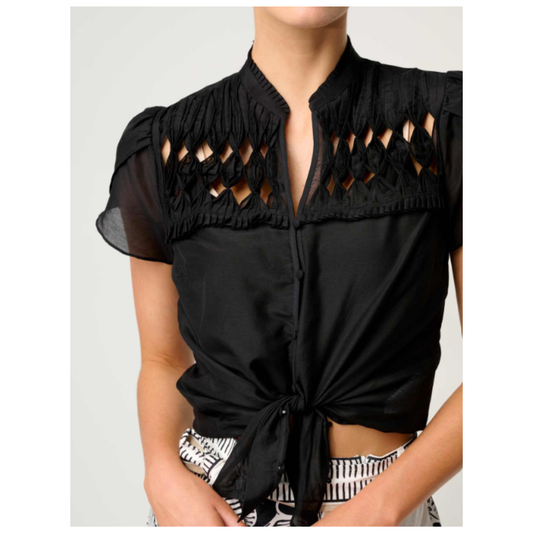 Once Was - Dalia Diamond Smock Yoke Silk Cotton Blouse | Onyx