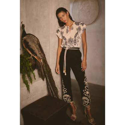 Once Was - Helm Embroidered Linen Straight Leg Pant | Black