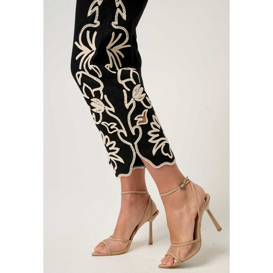Once Was - Helm Embroidered Linen Straight Leg Pant | Black