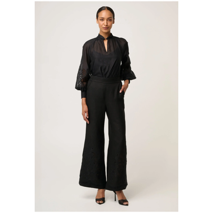 Once Was - Rhea Linen Embroidered Pant | Black