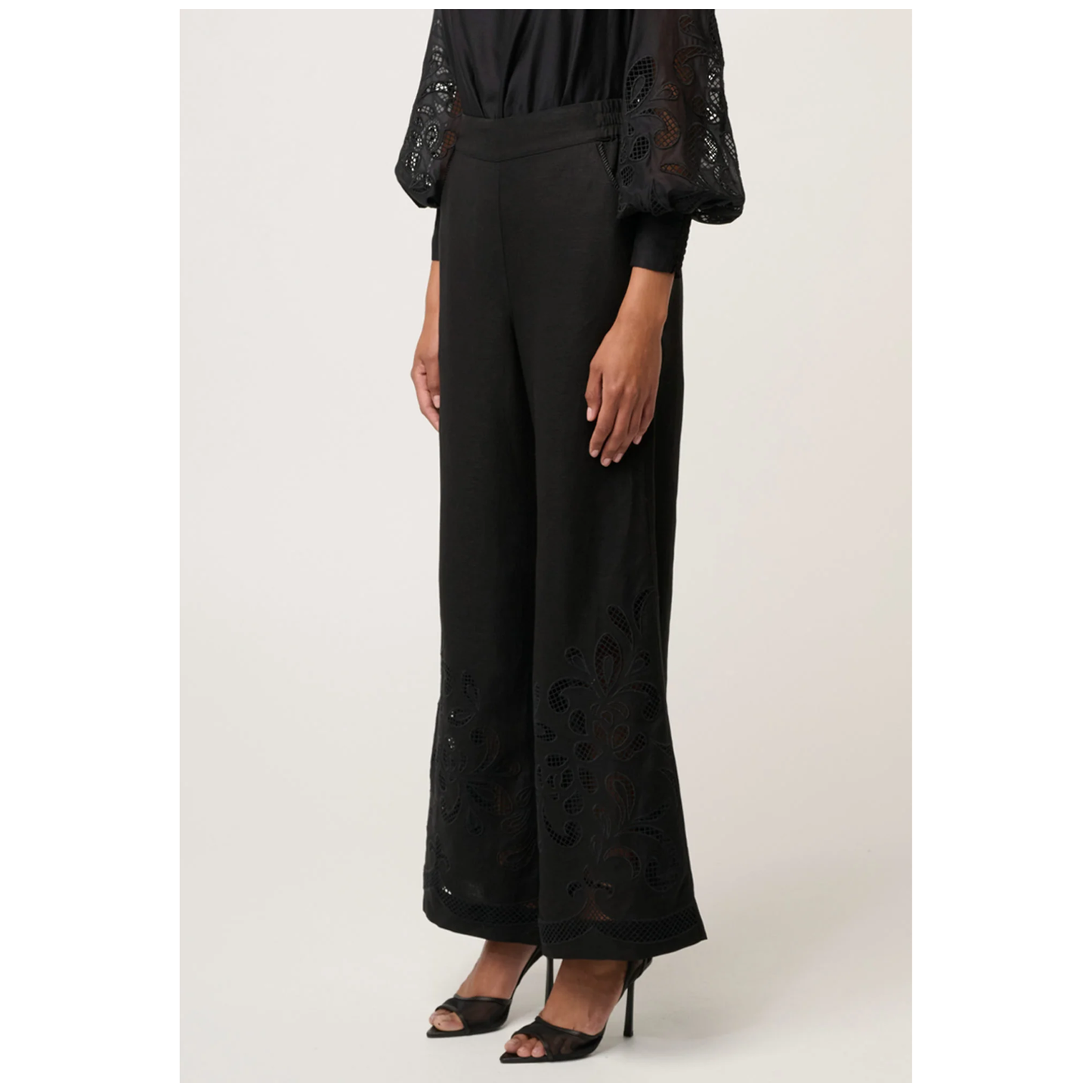 Once Was - Rhea Linen Embroidered Pant | Black