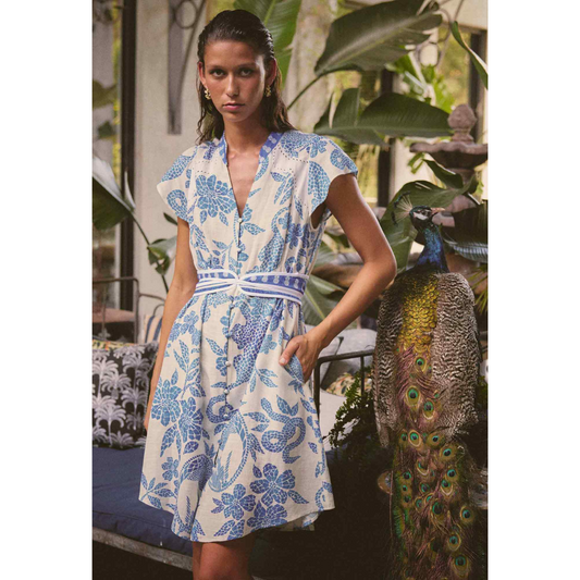 Once Was - Adriana Linen Embroidered Yoke Dress | Azure Mosaic
