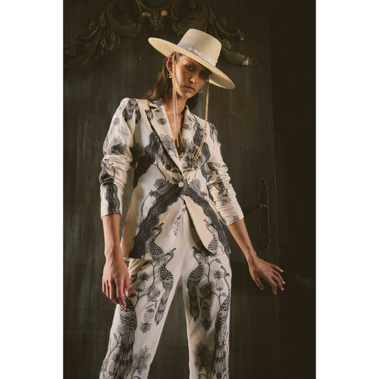 Once Was - Leandro Contrast Lace Trim Linen Blazer | Imperial Stone
