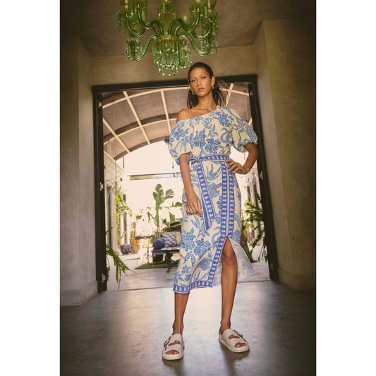 Once Was - Zenobia Dobby Midi Skirt | Azure Mosaic