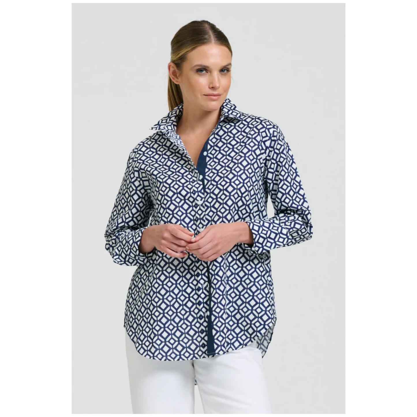 Shirty - Elodie Shirt | White/Navy Geo Print